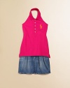 A warm-weather ready polo in a halter silhouette is embellished with a signature Big Pony for sporty, casual style.Halter with ribbed polo collarButton downSide-vented hem98% cotton/2% elastaneMachine washImported Please note: Number of buttons may vary depending on size ordered. 