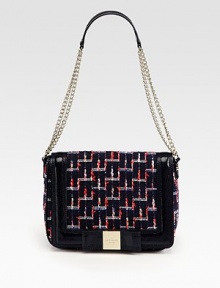 A lady-like silhouette of rich leather against classic tweed, topped with elegant chain and leather shoulder straps.Shoulder straps, 11½ dropMagnetic top closureOne inside zip pocketTwo inside open pocketsCotton lining9¾W X 8¼H X 3DImported A lady-like silhouette of rich leather against classic tweed, topped with elegant chain and leather shoulder straps.Shoulder straps, 11½ dropMagnetic top closureOne inside zip pocketTwo inside open pocketsCotton lining9¾W X 8¼H X 3DImported