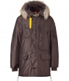 Whether youre hitting the city or the slopes this season, Parajumperss brown down parka is a sporty-luxe cold-weather essential - Water- and wind-resistant outer has an elegant, light sheen - Slim cut style hits mid-thigh - Full zip and supplementary button placket - Elbow patches and decorative contrast yellow trim - Raccoon-trimmed hood and sipper embellishment -  Two vertical flap pockets at sides, two oversize flap pockets at hips and single skinny pocket at chest - Fashionable and functional, a stylish must for all casual winter looks