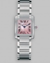 Stainless steel crown set with synthetic cabachon-shaped spinal has pink mother-of-pearl dial and stainless steel bracelet. Cartier quartz movement Case, 26mm X 20mm, 0.98 X 0.79 Black steel hands Roman numerals and minute markers 6 adjustable strap Made in Switzerland