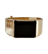 Punctuate your fashion-forward looks with this intricately crafted modernist mixed-media bracelet from Maison Martin Margiela - Black polished insert on front, partial gold-toned/clear band, logo engraved on the inside - Hinge closure with pin lock - Wear with pushed-up pullover sleeves, or as a statement finish to streamlined cocktail sheaths
