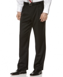 Take your dressy look to the next level with this striking pinstripe pant. It features elegant double reverse pleats. On-seam pockets at sides. Single besom button-through pocket at hip. Extendable waistband. Cuffed bottoms. Take your dressy look to the next level with this striking pinstripe pant. It features elegant double reverse pleats. On-seam pockets at sides. Single besom button-through pocket at hip. Extendable waistband. Cuffed bottoms.