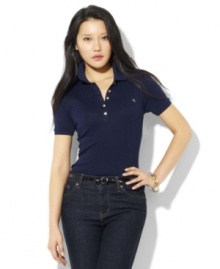 Rendered for a classic, feminine fit in smooth cotton jersey, the iconic petite Lauren by Ralph Lauren polo is finished with gleaming golden metal buttons for a glamorous touch. Rendered for a classic, feminine fit in smooth cotton jersey, the iconic petite Lauren by Ralph Lauren polo is finished with gleaming golden metal buttons for a glamorous touch.