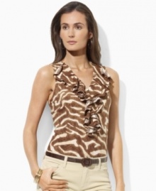 Cascading ruffles and an exotic zebra print imbue worldly glamour to this petite elegant Lauren by Ralph Lauren top, crafted from airy cotton jersey for a comfortable, flattering fit. Cascading ruffles and an exotic zebra print imbue worldly glamour to this petite elegant Lauren by Ralph Lauren top, crafted from airy cotton jersey for a comfortable, flattering fit.
