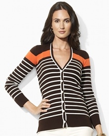 An earthy palette with a modern mix of stripes lends relaxed elegance to the Krystoff cardigan, rendered in stretch ribbed-knit cotton with a buttoned placket for cozy comfort. An earthy palette with a modern mix of stripes lends relaxed elegance to the Krystoff cardigan, rendered in stretch ribbed-knit cotton with a buttoned placket for cozy comfort.