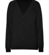 Perfectly edgy with its tonal studded trim, Vanessa Bruno Ath?s soft V-neck pullover counts as a city-chic must - V-neckline, raglan long sleeves with black pyramid stud embellishment at front seams - Classic straight fit - Wear with everything from jeans and tees to micro-minis and ankle boots