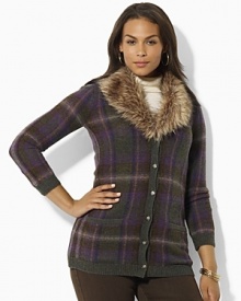 An optional faux-fur collar adds a hint of glamour to the vibrant plaid Kordelia cardigan, knit for stylish warmth in a soft lambswool blend.