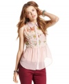 American Rag mixes floral-print with sheer design on a button down top that's totally cute for day!