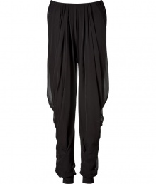 Ultra-chic black draped pants with jersey cuff from Donna Karan - Edgy-yet-ethereal, these draped harem pants bring on-trend style to any outfit - Harem silhouette with draped details, elastic waist and cuffs, ruching at leg - Wear with a bustier tank, leather jacket, and platform heels