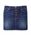 The classic denim mini skirt gets a stylish makeover with this ultra-chic take from Seven for all Mankind - Button front placket, belt loops, classic denim curved pockets, back patch pockets with welt opening, mini length - Wear with a printed boho blouse, a loose knit cardigan, and wedge heels