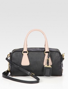 Bi-color Saffiano leather in a structured east-west silhouette with dual straps and goldtone hardware.Double top handles, 5 drop Adjustable shoulder strap, 19½-24½ drop Top zip closure Protective metal feet One inside zip pocket One inside open pocket Jacquard lining 11¾W X 6½H X 2D Made in Italy Bi-color Saffiano leather in a structured east-west silhouette with dual straps and goldtone hardware.Double top handles, 5 drop Adjustable shoulder strap, 19½-24½ drop Top zip closure Protective metal feet One inside zip pocket One inside open pocket Jacquard lining 11¾W X 6½H X 2D Made in Italy