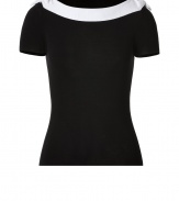 Ladylike and easy-to-pair, Valentinos fine knit wool top lends a lady-chic polish to your workweek look - Boat-neckline with white bow trim, cap sleeves - Form-fitting - Wear with everything from jeans and flats to pencil skirts and heels