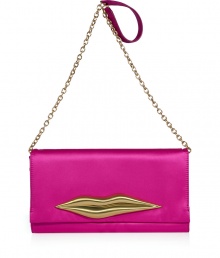 A classic DVF style filled with sartorial sass, this satin lip clutch is a statement accessory guaranteed to amp up your outfit - Flap with matte gold-toned lip embellishment, magnetic snap underneath, removable chain and satin shoulder strap, inside zippered back wall pocket - Carry with printed day dresses or flirty cocktail sheaths with just as bright heels A classic DVF style filled with sartorial sass, this satin lip clutch is a statement accessory guaranteed to amp up your outfit - Flap with matte gold-toned lip embellishment, magnetic snap underneath, removable chain and satin shoulder strap, inside zippered back wall pocket - Carry with printed day dresses or flirty cocktail sheaths with just as bright heels
