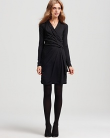 Refresh your LBD in the new season with this DKNY v neck dress, touting a flattering faux wrap silhouette and draped ruching. Refresh your LBD in the new season with this DKNY v neck dress, touting a flattering faux wrap silhouette and draped ruching.
