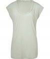 Stylish t-shirt in fine, pure pastel cotton - On-trend in one of the seasons hottest shades, mint green - Deep scoop neck with decorative trim and short sleeves - Rounded hem hangs slightly longer in the back - Slim yet relaxed silhouette - A chic, versatile basic - Pair with a cropped trouser, a skinny jean or Bemrudas and sandals or ballet flats