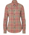 A modern country look comes to a classic button-down shirt - Created in tan and red plaid cotton for easy wear and a comfortable fit - Narrow-waisted silhouette, shirt collar, placket, two breast pockets, long sleeves and rounded seam edges - Features leather elbow patches - Casual hit with jeans, capris or denim mini skirts