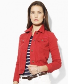 Constructed in bold-hued denim with a hint of stretch, Lauren Jeans Co.'s petite Susan is a flattering, modern take on a classic jean jacket. Constructed in bold-hued denim with a hint of stretch, Lauren Jeans Co.'s petite Susan is a flattering, modern take on a classic jean jacket.