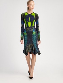 The designers' signature love of kinetic prints shows, in this elegantly constucted, modern silhouette.Self waistbandPanel constructionFlared handkerchief hemlineConcealed back zip with button closureFully linedAbout 24 long97% viscose/3% elastaneDry cleanMade in UK of Italian fabricModel shown is 5'10 (177cm) wearing US size 4. The designers' signature love of kinetic prints shows, in this elegantly constucted, modern silhouette.Self waistbandPanel constructionFlared handkerchief hemlineConcealed back zip with button closureFully linedAbout 24 long97% viscose/3% elastaneDry cleanMade in UK of Italian fabricModel shown is 5'10 (177cm) wearing US size 4.