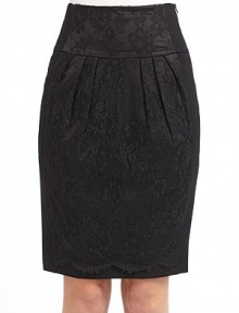 THE LOOKA tailored skirt with a front pleated panel of laceWide yoke constructionSide seam pocketsOne back button-through welt pocketSlim shapeSide zip closeTHE FITAbout 24 longTHE MATERIAL64% triacetate/36% polyesterFully linedCARE & ORIGINDry cleanMade in Italy THE LOOKA tailored skirt with a front pleated panel of laceWide yoke constructionSide seam pocketsOne back button-through welt pocketSlim shapeSide zip closeTHE FITAbout 24 longTHE MATERIAL64% triacetate/36% polyesterFully linedCARE & ORIGINDry cleanMade in Italy