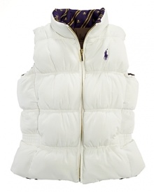 A down-filled puffer vest is rendered in solid channel-quilted microfiber that reverses to a side with a striped collar.