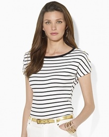Maritime stripes are all aboard this soft slub jersey tee, rendered with breezy dolman sleeves and metal crest-embossed buttons for a decidedly nautical feel. Maritime stripes are all aboard this soft slub jersey tee, rendered with breezy dolman sleeves and metal crest-embossed buttons for a decidedly nautical feel.