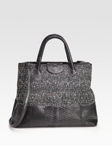 A textural style in rich boucle fabric with exotic python accents.Double top handles, 5 dropDetachable shoulder strap, 22½Magnetic flap closureOne open and two zip inner compartmentsTwo pen holdersMoney clipFully lined14½W X 12½H X 5DMade in USA A textural style in rich boucle fabric with exotic python accents.Double top handles, 5 dropDetachable shoulder strap, 22½Magnetic flap closureOne open and two zip inner compartmentsTwo pen holdersMoney clipFully lined14½W X 12½H X 5DMade in USA