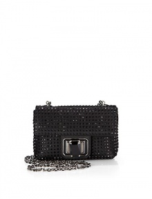 THE LOOKCrossbody chainPetite rectangular silhouetteJet black crystals alloverOversized crystal turnlock closureOne inside open pocketInside logo detailTHE MEASUREMENTCrossbody chain, 17 drop5W X 3H X 2DTHE MATERIALCrystalsSatinViscose/silk liningORIGINMade in Italy THE LOOKCrossbody chainPetite rectangular silhouetteJet black crystals alloverOversized crystal turnlock closureOne inside open pocketInside logo detailTHE MEASUREMENTCrossbody chain, 17 drop5W X 3H X 2DTHE MATERIALCrystalsSatinViscose/silk liningORIGINMade in Italy