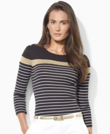 Elegant Lauren-embossed buttons adorn the shoulders of Lauren Ralph Lauren's lightweight petite cotton tee accented with eyecatching stripes and metallic sheen. Elegant Lauren-embossed buttons adorn the shoulders of Lauren Ralph Lauren's lightweight petite cotton tee accented with eyecatching stripes and metallic sheen.