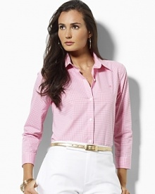 A classic-fitting Priya shirt, tailored for a flattering, feminine silhouette in lustrous wrinkle-free cotton sateen. A classic-fitting Priya shirt, tailored for a flattering, feminine silhouette in lustrous wrinkle-free cotton sateen.