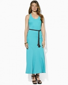 A sleek jersey maxi dress is crafted with a modern racerback and chic full skirt.