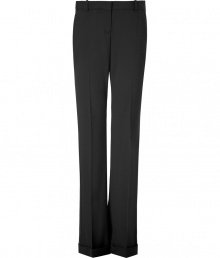 Update your office-ready staples with these flattering flared trousers from Theory - Flat front, belt loops, off-seam pockets, back welt pockets with buttons, flared legs with crease - Wear with a fitted blazer and a tie-neck blouse