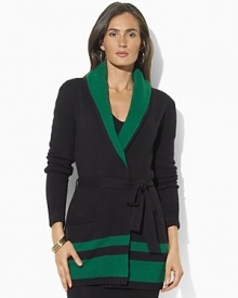 A belted wrap cardigan in a soft cotton blend is perfect for the season, crafted with a color-blocked shawl collar for a look that is effortlessly elegant. A belted wrap cardigan in a soft cotton blend is perfect for the season, crafted with a color-blocked shawl collar for a look that is effortlessly elegant.