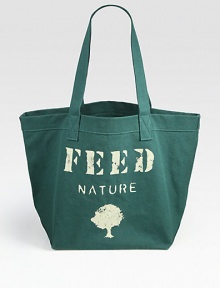 Each FEED Nature Bag will provide 25 meals in areas devastated by the effects of natural disasters through the UN World Food Programme (WFP). This extra roomy carryall of pure organic cotton makes it easy to go green.Double top handles, 11 drop17W X 15H X 6½DImported Each FEED Nature Bag will provide 25 meals in areas devastated by the effects of natural disasters through the UN World Food Programme (WFP). This extra roomy carryall of pure organic cotton makes it easy to go green.Double top handles, 11 drop17W X 15H X 6½DImported