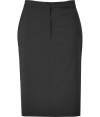 Wear this luxurious black wool-blend pencil skirt a million times - Classic, feminine cut with elegant blue stripes along the side that add extra style -  Features small, buttoned welt pockets at back, and two at the front waistband - Wear to the office with a silk blouse, blazer and heels for a look that transitions easily into the evening