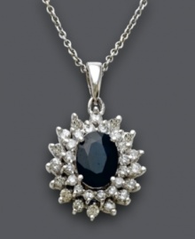 Add a burst of sparkle to your neckline. This royalty-inspired pendant by Effy Collection features an oval-cut faceted sapphire (1-9/10 ct. t.w.) surrounded by two sparkling rows of round-cut diamonds (1 ct. t.w.). Crafted in 14k white gold. Approximate length: 18 inches. Approximate drop: 1 inch. Add a burst of sparkle to your neckline. This royalty-inspired pendant by Effy Collection features an oval-cut faceted sapphire (1-9/10 ct. t.w.) surrounded by two sparkling rows of round-cut diamonds (1 ct. t.w.). Crafted in 14k white gold. Approximate length: 18 inches. Approximate drop: 1 inch.