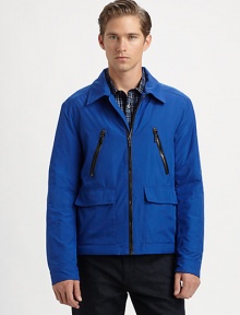Contrast zippers and supple leather trim elevate this sporty, all-weather design.Point collarZip frontZipper, flap pocketsFully linedPolyesterMachine washImported Contrast zippers and supple leather trim elevate this sporty, all-weather design.Point collarZip frontZipper, flap pocketsFully linedPolyesterMachine washImported