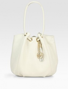 Looped handles cinch the top of this slouchy carryall, crafted in a soft pebble-grain leather.Shoulder straps, 10 drop Snap top closure One inside zip pocket Four inside open pockets Fully lined 17W X 12H X 3½D Imported