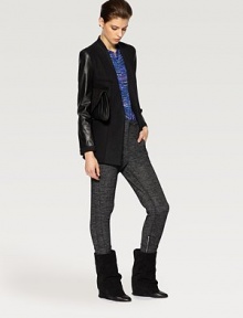 Lengthy, wool-rich blazer rejuvenated by supple leather sleeves. Button frontFront besom pocketsLong leather sleeves with buttoned cuffsFront flap pocketsAbout 28 from shoulder to hem80% wool/20% polyamideDry cleanImported of Italian fabricModel shown is 5'9½ (176cm) wearing US size 4. Lengthy, wool-rich blazer rejuvenated by supple leather sleeves. Button frontFront besom pocketsLong leather sleeves with buttoned cuffsFront flap pocketsAbout 28 from shoulder to hem80% wool/20% polyamideDry cleanImported of Italian fabricModel shown is 5'9½ (176cm) wearing US size 4.