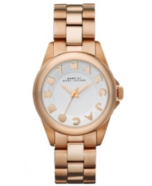 Romantic, relaxing tones lend this Marc by Marc Jacobs watch a gentle touch. Crafted of rose-gold ion-plated stainless steel bracelet and round case. White dial features rose-gold tone cut-out text logo at hour markers, rose-gold tone three hands and logo at twelve o'clock. Quartz movement. Water resistant to 50 meters. Two-year limited warranty.