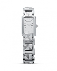 Open link check etched stainless steel bracelet and case with silver dial. Water resistant to 3 ATM.