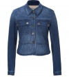 With a sharply tailored cropped cut and cool denim wash, Burberry Brits jean jacket is a dressy take on this must-have style - Classic collar, long sleeves, buttoned cuffs, button-down front, buttoned flap pockets, gathered peplum-like hemline - Cropped, tailored fit - Wear with a tailored blouse and figure-hugging pencil skirt