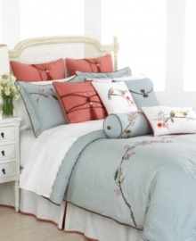 Taking inspiration from the delightful china pattern, the Chirp comforter set from Lenox charms your room with pops of color and whimsical birds. Embroidered cherry blossom branches embellish a soft blue jacquard for a refreshingly stylish appeal. Taking inspiration from the delightful china pattern, the Chirp comforter set from Lenox charms your room with pops of color and whimsical birds. Embroidered cherry blossom branches embellish a soft blue jacquard for a refreshingly stylish appeal.
