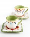 Wake up espresso with the sunny botanicals of the Catalina collection from Vida by Eva Mendes Dinnerware. The dishes, like these hand-painted saucers and cups in flared square and palm-friendly shapes, are drenched in soft yellows and tangerine, sky blue and pale green for warm, exuberant cheer with your pick-me-up.