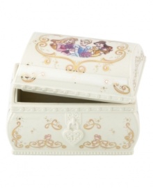 Make a little girl feel like the fairest of them all with the Disney Princesses jewelry box. A dreamy place to keep all her precious jewels, this porcelain treasure chest is graced with Disney characters Sleeping Beauty, Belle and Cinderella, plus scrolling gold ribbons and other familiar fairytale faces. Qualifies for Rebate Make a little girl feel like the fairest of them all with the Disney Princesses jewelry box. A dreamy place to keep all her precious jewels, this porcelain treasure chest is graced with Disney characters Sleeping Beauty, Belle and Cinderella, plus scrolling gold ribbons and other familiar fairytale faces. Qualifies for Rebate