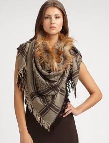 A signature design with luxurious dyed fox fur trim. Fox fur-trimmed collarSignature GG patternFringed edges70% wool/30% silkSize, about 45 X 50Dry cleanMade in Italy Fur origin: Finland A signature design with luxurious dyed fox fur trim. Fox fur-trimmed collarSignature GG patternFringed edges70% wool/30% silkSize, about 45 X 50Dry cleanMade in Italy Fur origin: Finland