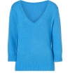 Ultra soft in bright French blue, LAgences knit V-neck pullover is an easy choice for casual-chic looks - V-neckline, 3/4 sleeves, ribbed trim - Easy straight fit - Layer with tissue tees and extra slim skinnies