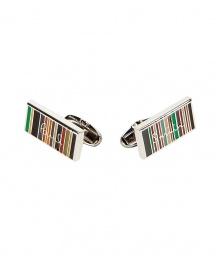 Complete your look with these stylish cufflinks from PS Paul Smith - Silver-tone with colorful stripe detailing and an engraved logo - Perfect for everyday or as a thoughtful gift