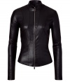 Look like a modern day Bond girl in this figure-hugging luxe leather jacket from French label Jitrois - Stand collar, front zip closure, long sleeves, seaming details, fitted silhouette - Wear with a silk blouse, a wool pencil skirt, and platform heels