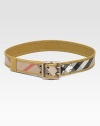 Classic cotton check with leather lining and trim and double prong buckle closure.About 1½ wide Made in Italy 