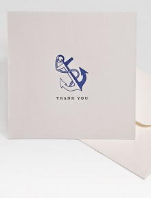 Express your thanks with the combination of sweetness and sophistication imparted by these elegant foldover notes with a bold anchor design, letterpressed by hand on creamy cotton stock that lends extra meaning to your words.Original Charles Fradin illustrationLetterpressed by hand100% cotton stock4.75 square (folded)Set of 8, with envelopesMade in USA Express your thanks with the combination of sweetness and sophistication imparted by these elegant foldover notes with a bold anchor design, letterpressed by hand on creamy cotton stock that lends extra meaning to your words.Original Charles Fradin illustrationLetterpressed by hand100% cotton stock4.75 square (folded)Set of 8, with envelopesMade in USA
